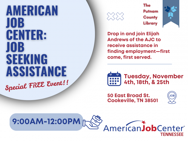 American Job Center: Job-Seeking Assistance - Tue, Nov 25, 2025 9:00am - 12:00pm @ Putnam County Library