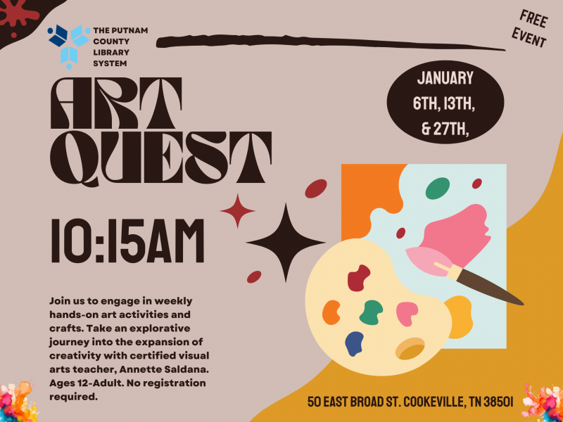 Art Quest - Mon, Jan 13, 2025 10:15am - 11:30am @ Putnam County Library