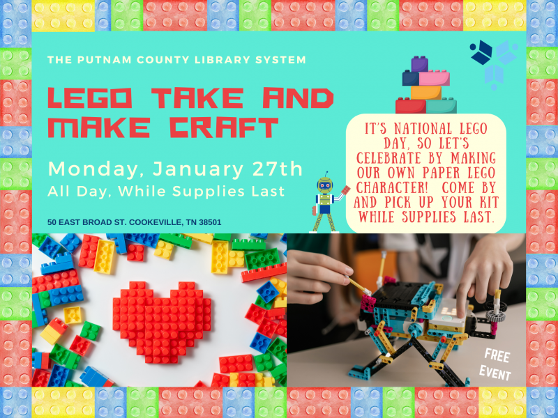 Lego Take and Make Craft Mon, Jan 27, 2025 Putnam County Library