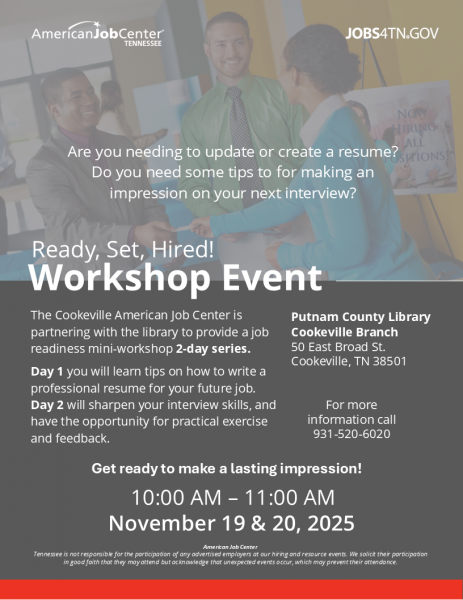 Ready, Set, Hired - Thu, Nov 20, 2025 10:00am - 11:00am @ Putnam County Library
