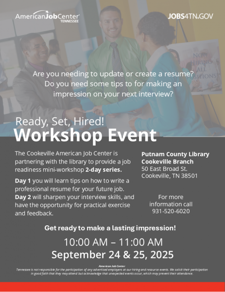 Ready, Set, Hired - Wed, Sep 24, 2025 10:00am - 11:00am @ Putnam County Library