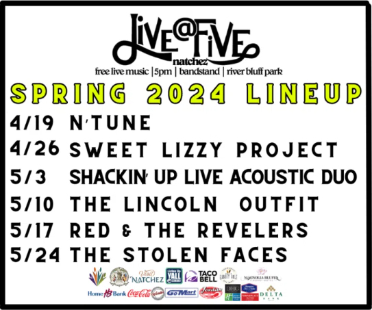 Live @ Five - Fri, May 24, 2024 5:00pm - 8:30pm @ Natchez On the Bluff