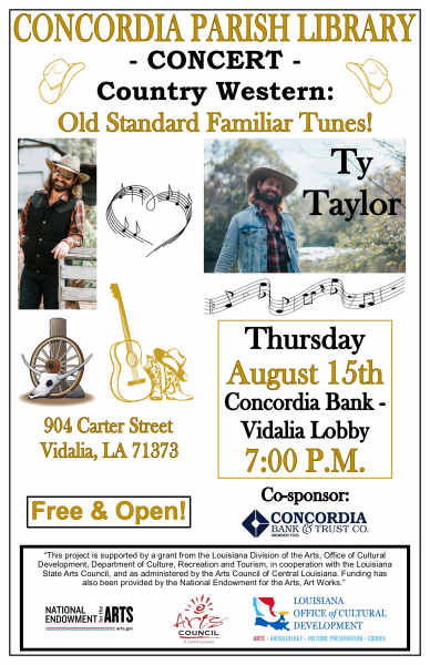 Concordia Parish Library Presents: Ty Taylor Concert - Thu, Aug 15, 2024 7:00pm - 8:00pm